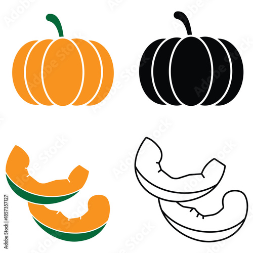 Pumpkin icon vector illustration. Set of Halloween pumpkins and Thanksgiving pumpkin vector illustration. Silhouette of pumpkin vegetable vector illustration.
