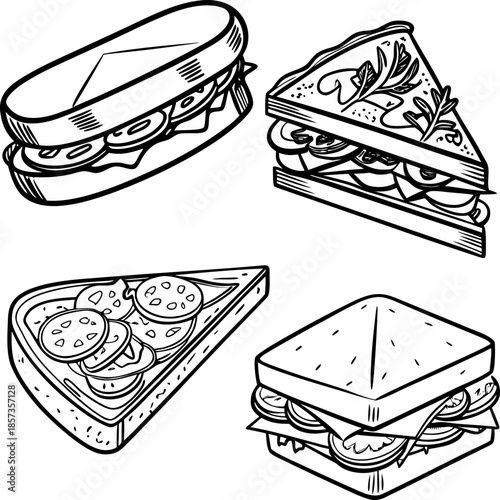 A black and white line drawing illustration featuring five different sandwiches. The sandwiches are depicted from various angles, showcasing diverse fillings and preparations. One sandwich is open-fac