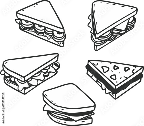A black and white line drawing illustration featuring five different sandwiches. The sandwiches are depicted from various angles, showcasing diverse fillings and preparations. One sandwich is open-fac