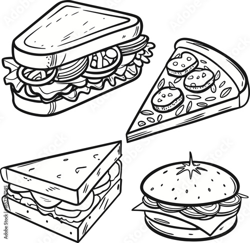 A black and white line drawing illustration featuring five different sandwiches. The sandwiches are depicted from various angles, showcasing diverse fillings and preparations. One sandwich is open-fac