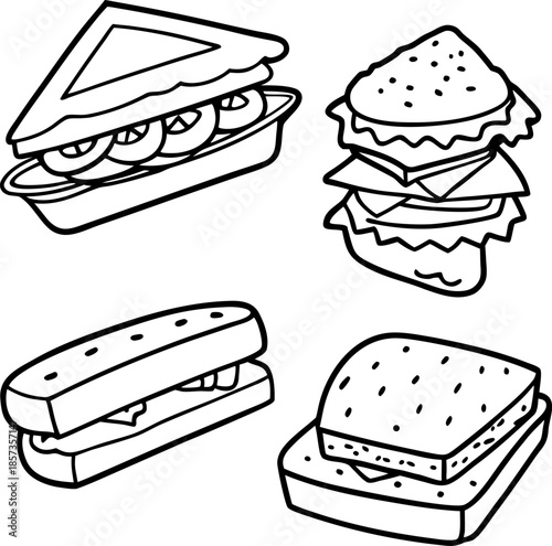 A black and white line drawing illustration featuring five different sandwiches. The sandwiches are depicted from various angles, showcasing diverse fillings and preparations. One sandwich is open-fac