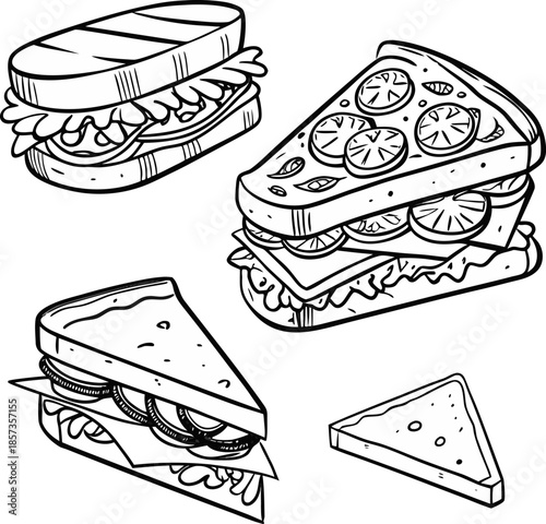 A black and white line drawing illustration featuring five different sandwiches. The sandwiches are depicted from various angles, showcasing diverse fillings and preparations. One sandwich is open-fac
