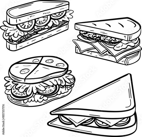 A black and white line drawing illustration featuring five different sandwiches. The sandwiches are depicted from various angles, showcasing diverse fillings and preparations. One sandwich is open-fac
