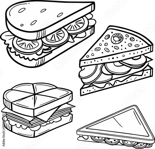 A black and white line drawing illustration featuring five different sandwiches. The sandwiches are depicted from various angles, showcasing diverse fillings and preparations. One sandwich is open-fac