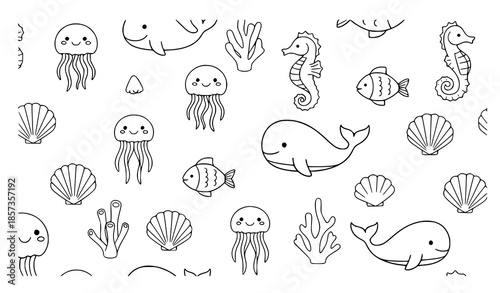Simple cute ocean animal doodle seamless pattern vector for kids and nursery design