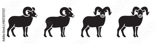 Four black ram silhouettes with curved horns standing together showcasing various poses and profiles in a simple, graphic illustration style.