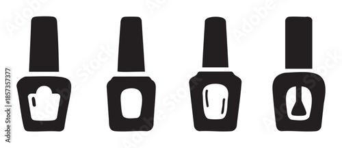 Four distinct nail polish bottles displayed as minimalist icons, representing beauty, manicure, and cosmetic products in a simple, elegant style.