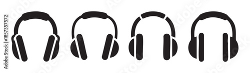 Four black silhouette headphones icons representing various audio devices for listening to music, podcasts, or communication, perfect for web design and multimedia applications.