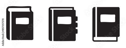 Three distinct book and notebook icons representing education, learning, and knowledge in a minimalist black and white vector style for various design applications.
