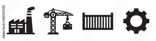 Industrial factory crane container gear vector icons representing manufacturing, construction, logistics, and mechanical engineering processes in a simple black and white graphic design.