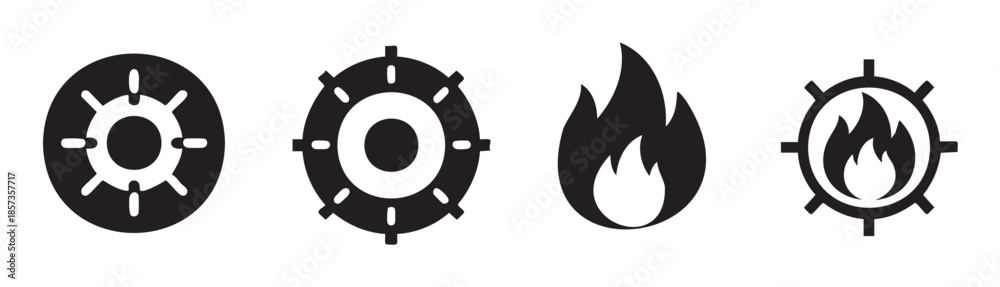 Obraz premium Black and white control, gear, and flame icons are presented in a simple, clean, and modern vector design, suitable for various digital and print applications.