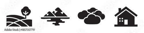 Nature landscape elements icons featuring a tree on a field, mountains with water, clouds, and a house, representing various environmental concepts.