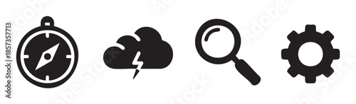 Compass, storm cloud, magnifying glass, gear icons represent essential tools for navigation, weather, search, and settings in a modern digital interface.