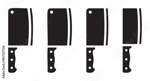 Four black silhouette meat cleavers with distinct handle designs are arranged in a neat row, representing essential kitchen tools for butchery.