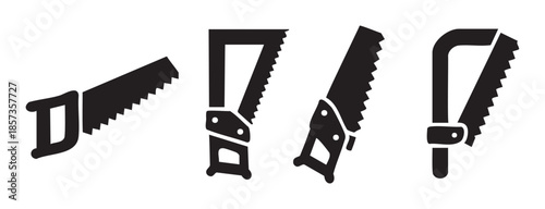 Four different types of saws vector illustration set showcasing various hand tools for cutting wood, metal, and other materials in construction and DIY projects.