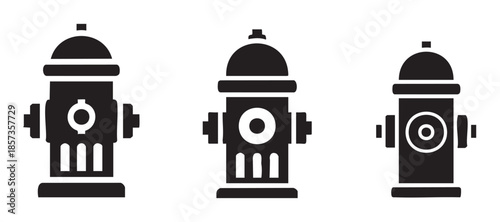 Three distinct fire hydrant icons are presented in a clean, minimalist black and white vector style, representing essential emergency equipment for urban safety.