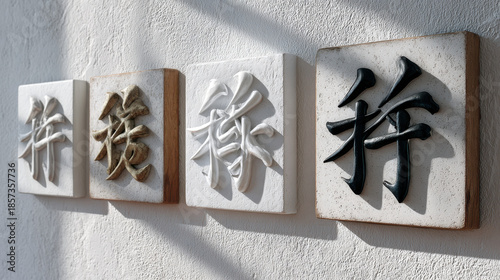 Heritage shines through intricate Chinese script on light textured tiles, showcasing artistry and cultural depth