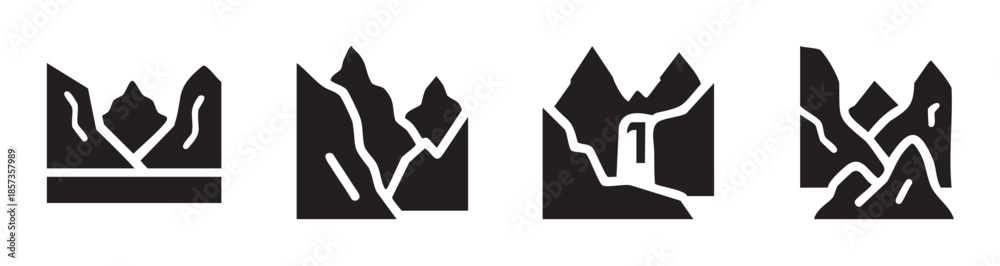 Obraz premium Mountain landscape icons collection features various natural terrain shapes and a waterfall, perfect for outdoor adventure designs.