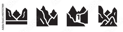 Mountain landscape icons collection features various natural terrain shapes and a waterfall, perfect for outdoor adventure designs.