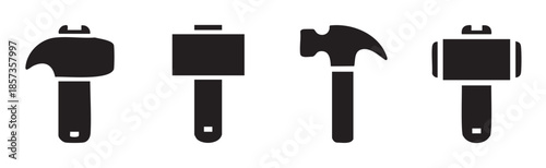 Four different hammers tools icons set illustration showcasing various types of striking implements used in construction and carpentry work.