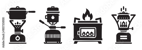 Portable camping stoves icons set for outdoor cooking activities, illustrating various designs of compact and efficient heating devices for wilderness adventures.