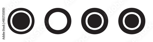 Four abstract circular shapes are presented in a clean horizontal arrangement, showcasing distinct black and white concentric ring patterns.