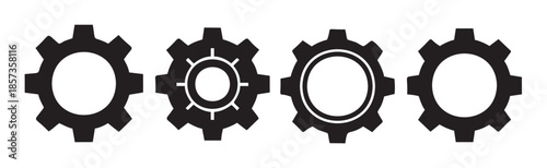 Four black gear icons representing settings, mechanics, and industrial processes, symbolizing connection, innovation, and system functionality.