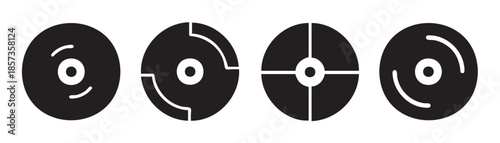 Digital discs with various abstract markings represent data storage, multimedia, and technology concepts in a minimalist vector icon set.