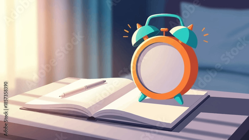 Colorful Alarm Clock Resting on Open Book by Window.