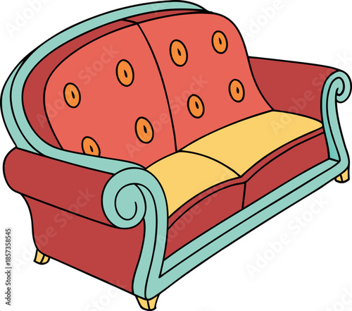 A cartoon illustration of a two-seater sofa. The sofa is the primary subject, centered against a stark white background. The sofa's frame and back are a vibrant, solid red, featuring a curved design a