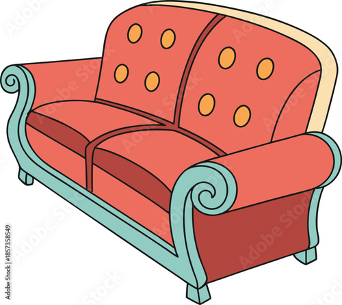 A cartoon illustration of a two-seater sofa. The sofa is the primary subject, centered against a stark white background. The sofa's frame and back are a vibrant, solid red, featuring a curved design a