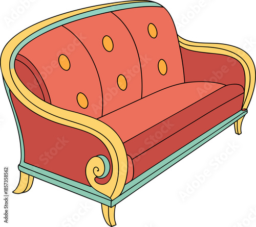 A cartoon illustration of a two-seater sofa. The sofa is the primary subject, centered against a stark white background. The sofa's frame and back are a vibrant, solid red, featuring a curved design a
