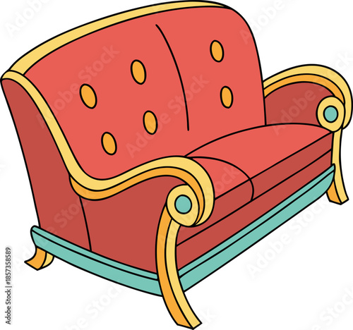 A cartoon illustration of a two-seater sofa. The sofa is the primary subject, centered against a stark white background. The sofa's frame and back are a vibrant, solid red, featuring a curved design a