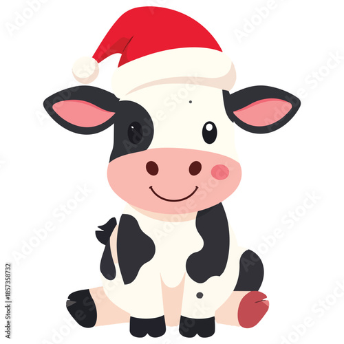 Cute farm animal icon, smiling little calf or dairy cow wearing a red Santa Claus hat, adorable Christmas holiday vector flat design character illustration, no shadow, perfect for avatar or festive
