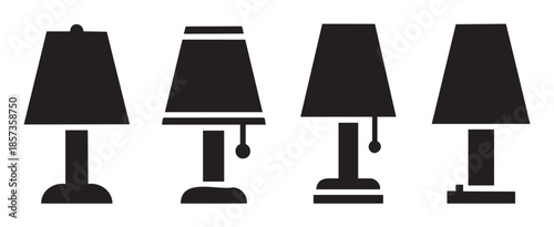 Four distinct table lamps in a minimalist black silhouette style, showcasing various designs for home decor and interior lighting concepts.