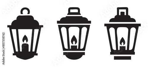 Three distinct candle lanterns with glowing flames inside, showcasing various traditional and decorative designs for illumination and ambiance.