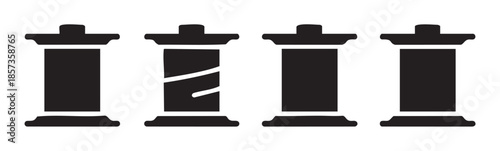 Four black film rolls icon set with one featuring a diagonal stripe pattern, representing various photographic media types in a minimalist graphic style.