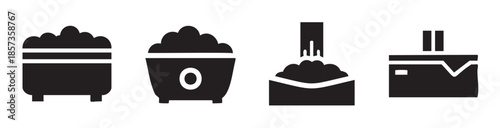 Laundry washing machine and detergent icons set representing various stages of the cleaning process, from filling a tub to a finished load, presented in a simple black and white graphic style.