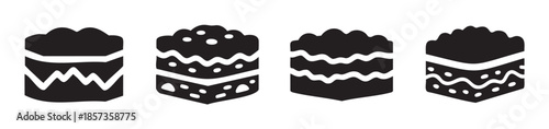 Four layered cakes icons with various internal patterns, representing different dessert types or sweet treats in a simple, graphic style.