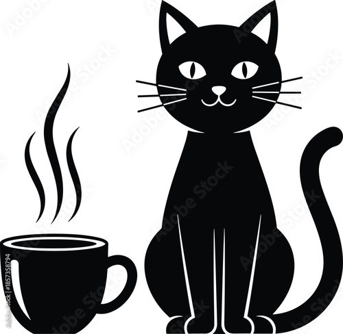 Black cat silhouette with coffee cup, minimalist vector illustration, cute pet design, cozy cafe mood, modern icon, animal graphic, simple