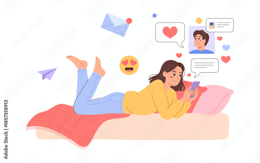 Obraz premium This vibrant illustration captures a woman lounging on a bed, enjoying interactions on her smartphone surrounded by digital emoticons, reflecting modern relationships and emotions.