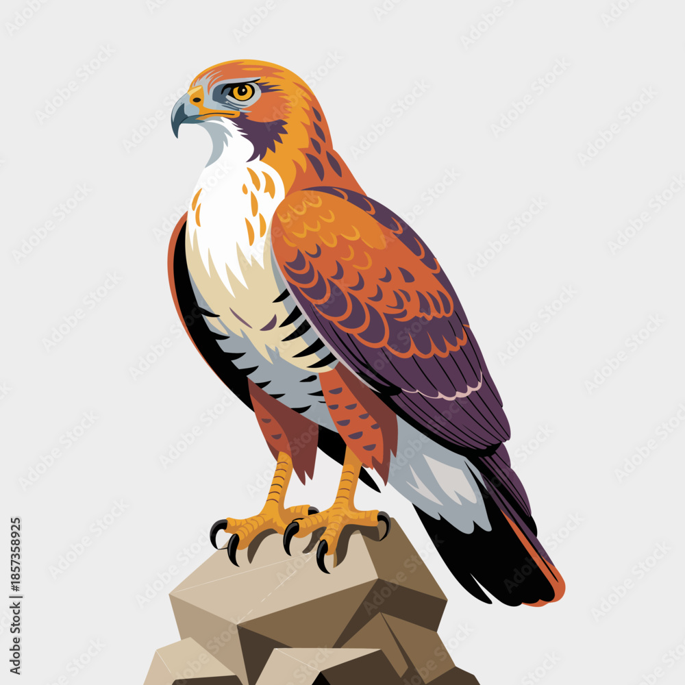 Fototapeta premium A striking illustration of a hawk standing proudly on a rock, representing strength and freedom in nature, showcasing the beauty of wildlife and the avian world.