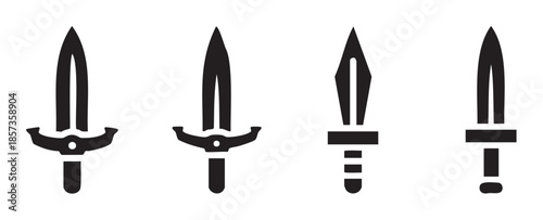 Four stylized black sword and dagger icons representing ancient weaponry and medieval combat tools, perfect for gaming, fantasy, or historical design elements.