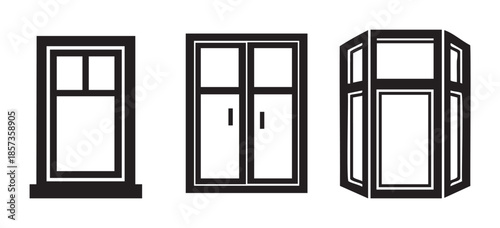 Three different types of windows are depicted as simple black silhouette icons, showcasing various architectural styles and designs for building exteriors.