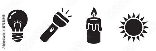 Light sources icons illustrating different forms of energy, perfect for concepts related to power, ideas, warmth, and natural light.