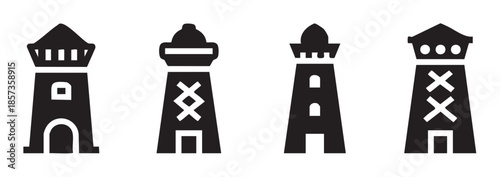Collection of four lighthouse icons, each featuring a unique design, illustrating maritime navigation, safety, and coastal landmarks in a simple graphic style.