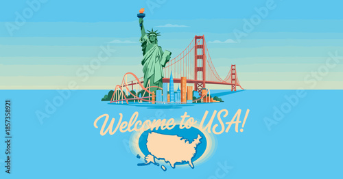 A colorful illustration featuring iconic landmarks of the USA, including the Statue of Liberty and Golden Gate Bridge, celebrating the spirit of freedom and adventure in one image.