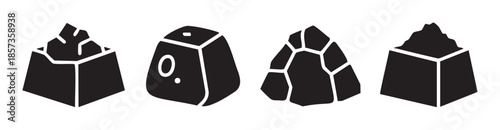 Four abstract rock shapes with various geometric forms and textures are presented as a collection of simple black and white graphic icons.