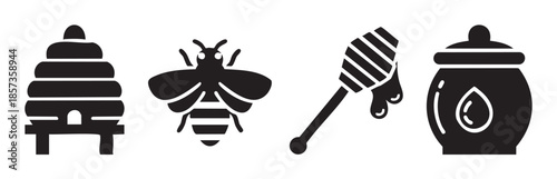 Beehive bee honey dipper honey pot icons representing apiculture, natural sweetness, and beekeeping elements in a simple, elegant black glyph style.