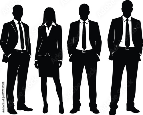 Business people silhouettes illustration, professional corporate team standing together, black and white office style, leadership teamwork concept, modern management